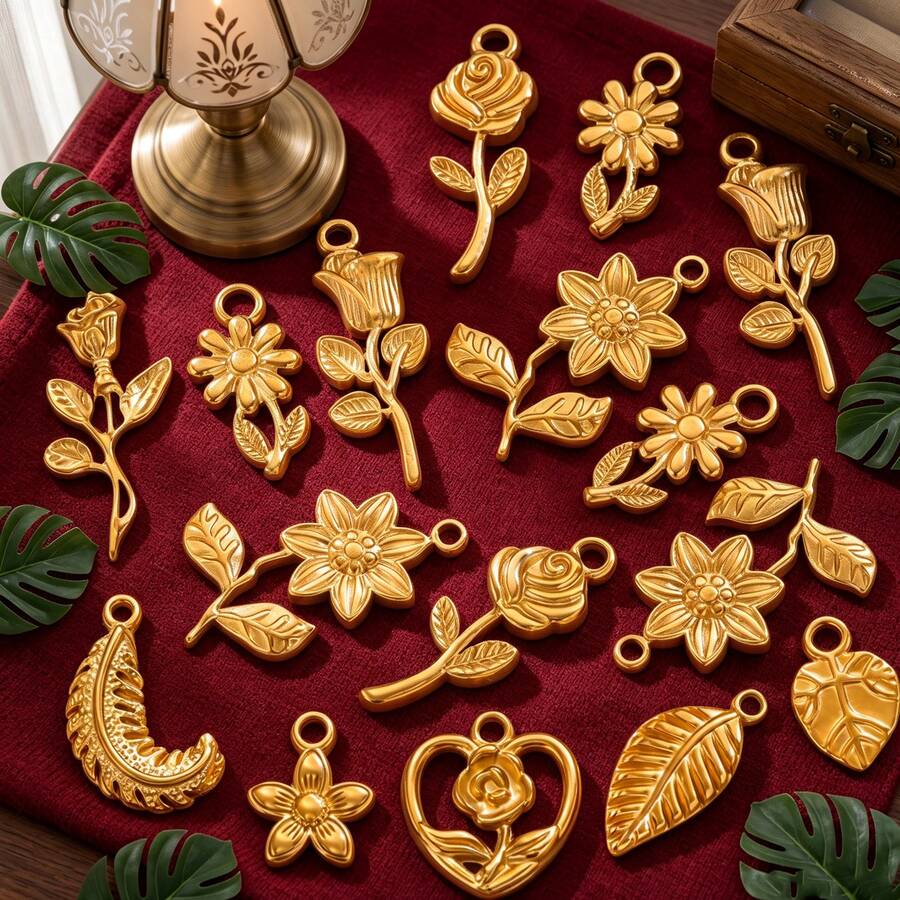 5 mặt dây chuyền hỗn hợp bằng thép không gỉ 304 mạ vàng 18K, hình trái tim/hoa/lá, dùng để tự làm trang sức. - mặt dây chuyền - Xem 1