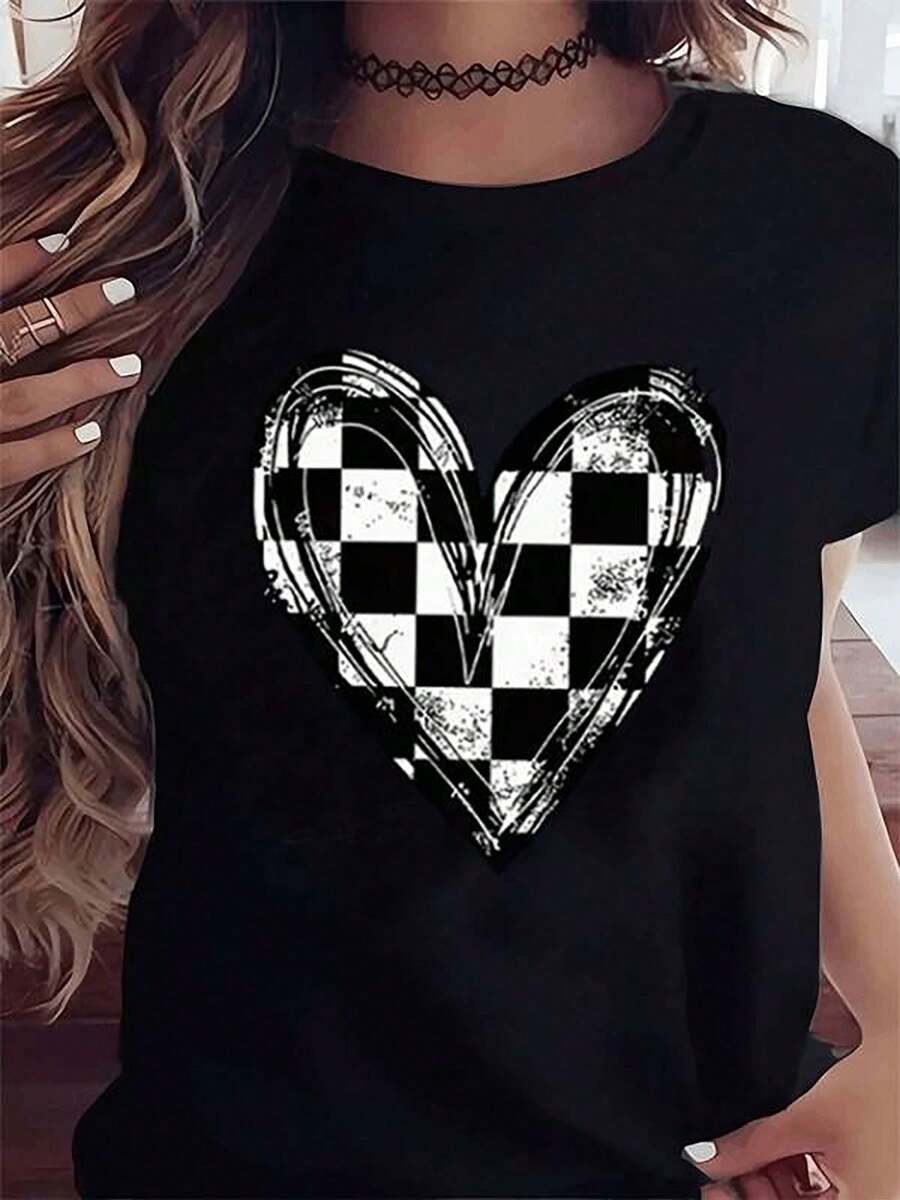 1 camiseta de manga corta para mujer - camiseta negra con estampado de corazones a cuadros, cuello redondo casual, tela elástica y suave, adecuada para todas las estaciones, top a la moda, ropa de , camiseta con diseño personalizado, ajuste cómodo, regalo para el Día de San Valentín y el Día de San Patricio, 180g Algodón 100%. - Negro - Ver 1