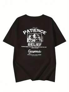 Women's Personalized Short Sleeve T-Shirt With Black Letter Print, Loose Summer Design - Unisex Urban Vintage Style, Loose Cotton Short Sleeve Crew Neck T-Shirt - 黑色 - 查看 2