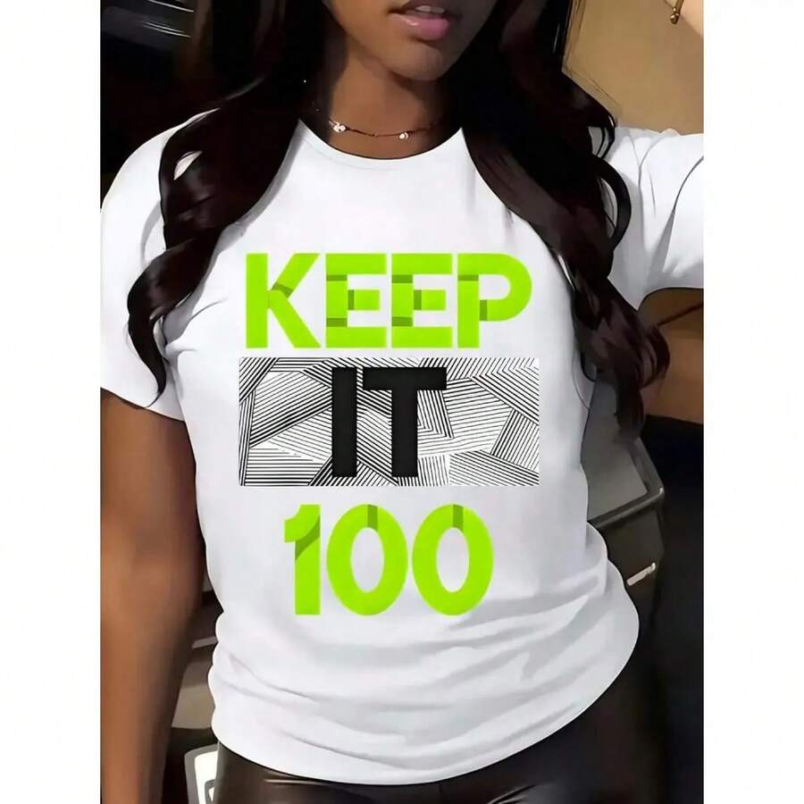 Camiseta de algodón con estampado gráfico para mujer, con el eslogan "Keep It 100", de manga corta y cuello redondo, suave, transpirable, informal, estilo urbano, para conjuntos de verano. - Blanco - Ver 1