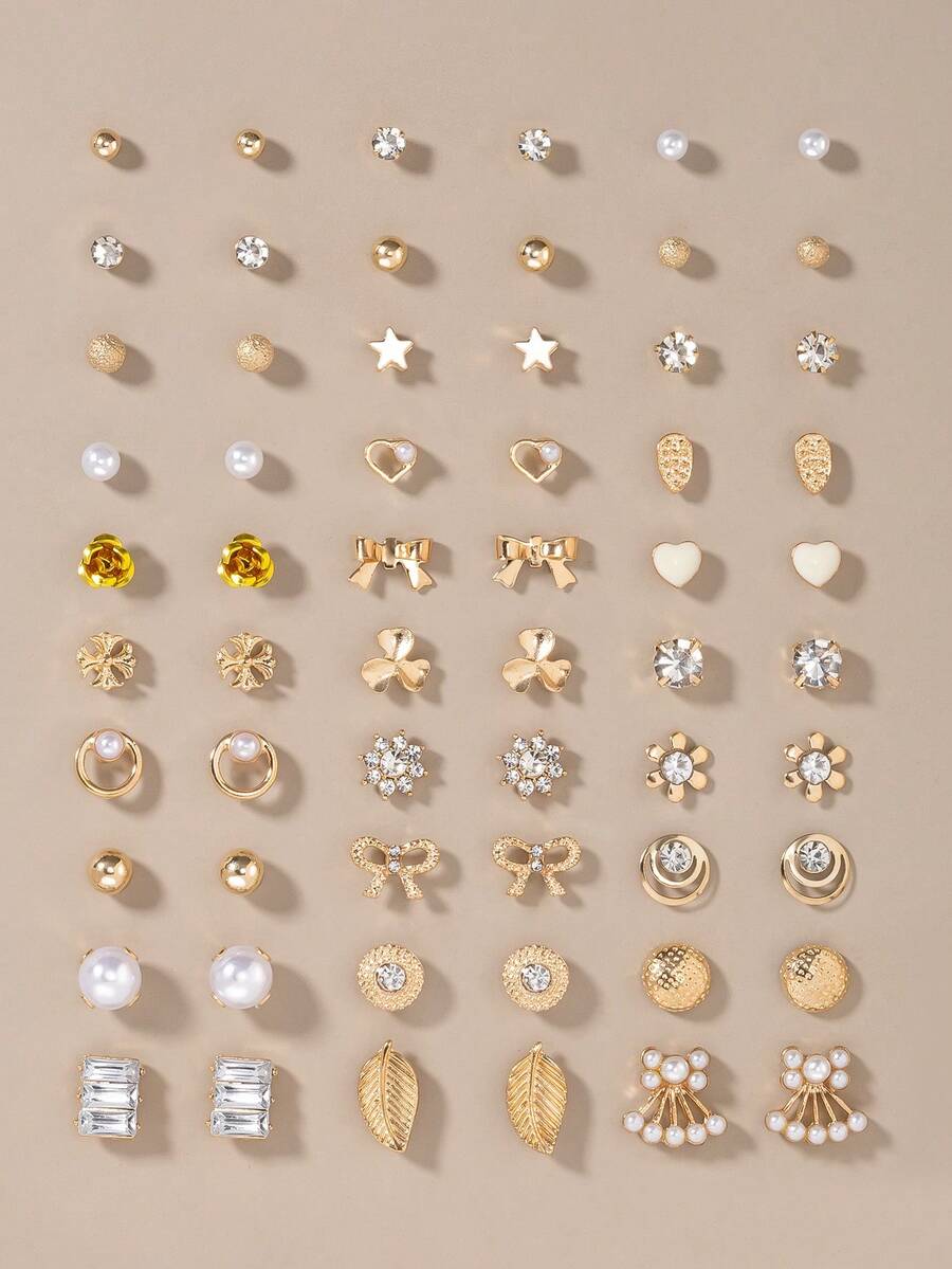 30 Pairs/Set Fashion Earrings Set, Cute Bowknot, Heart, Flower Designs, Minimalist Daily Wear, Suitable For Casual, Vacation, Outing, Dating, Photography, Delicate Earrings, Great Gift For Friends And Holidays - Yellow Gold - View 1