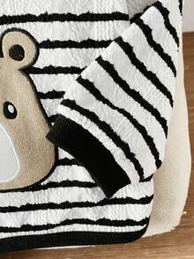 2pcs/Set Baby BoyStriped Bear Hoodie Sweatshirt & Cartoon Print Pants Set - Black and White - View 5