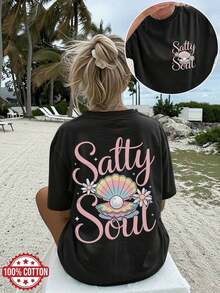 Women's Casual Summer T-Shirt, Sweet Style, With Shell, Pearl, Flower And Salty Soul Print, Short Sleeve, Round Neck, Pure Cotton, Loose Fit With Dropped Shoulders - 黑色 - 查看 11