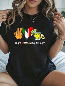 Camiseta de mujer mexicana para fiesta de Cinco de Mayo con estampado de Paz y Amor - Blusas de verano, atuendos de oficina para mujer, atuendos de vacaciones, playeras de mujer - Negro - Ver 7