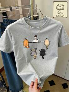 Camiseta de mujer con gráfico de gato escalador 100% divertido| Estampado de gatito de dibujos animados, casual, holgada, manga corta| Top cómodo para amantes de los gatos y para regalar - Gris - Ver 6
