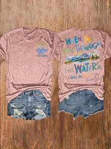 Camiseta de Impresión Gráfica, Manga Corta Cuello Redondo Top Casual para Verano y Primavera, Ropa de Mujer - Rosa - Ver 6