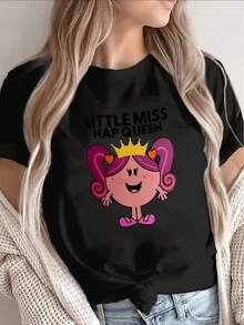 This Lightweight And Durable Short-Sleeved T-Shirt, Featuring A Little Miss Nap Queen Design, Is Perfect For Home, Work, Or Casual Outings To Restaurants, Offering A Comfortable Everyday Wearing Experience. - 黑色 - 查看 1