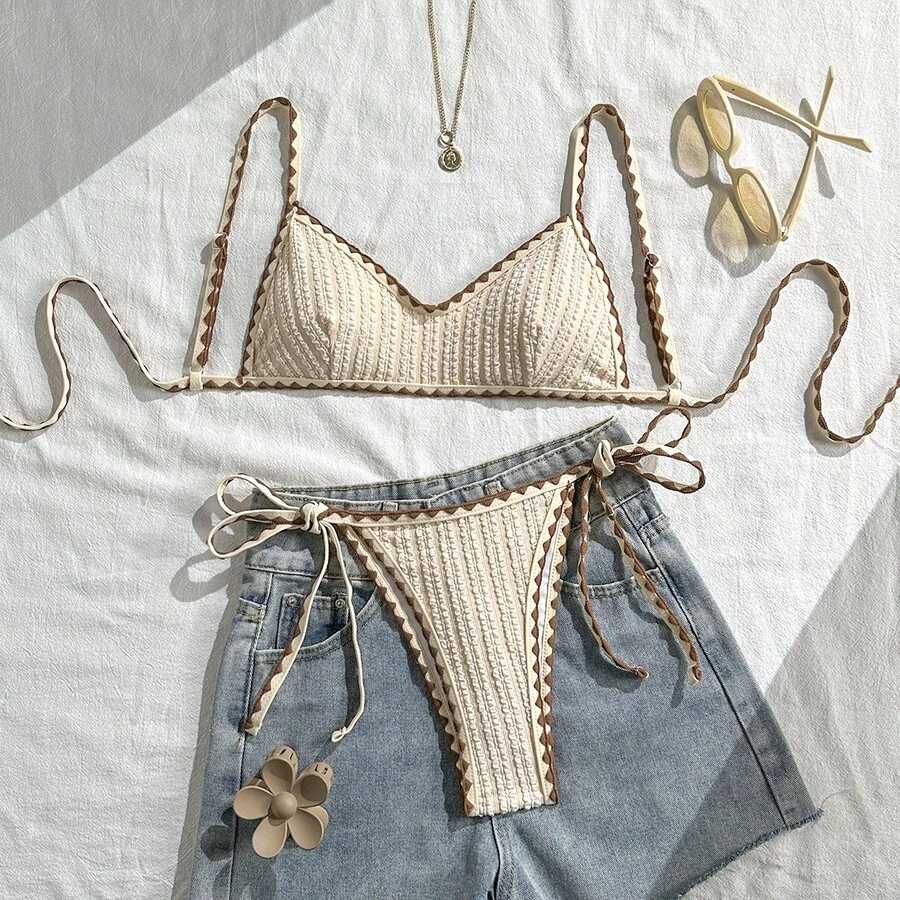 Nuevo Bikini Retro Texturizado Estilo Francés 2026 para Mujer, Traje de Baño de Dos Piezas con Lazos en Dos Tonos. - 435 Albaricoque - Ver 1