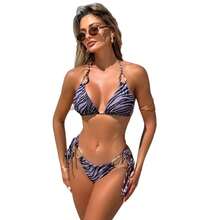 Nuevo bikini de dos piezas sin tirantes con estampado de cebra y accesorios metálicos sexys. - Rojo ciruela - Ver 6