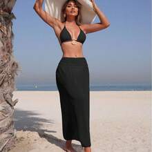 Nuevo en stock: conjunto de bikini de tres piezas para mujer, traje de baño sexy de moda con falda larga de malla de color sólido. - Juego de tres piezas negro 9346 - Ver 3