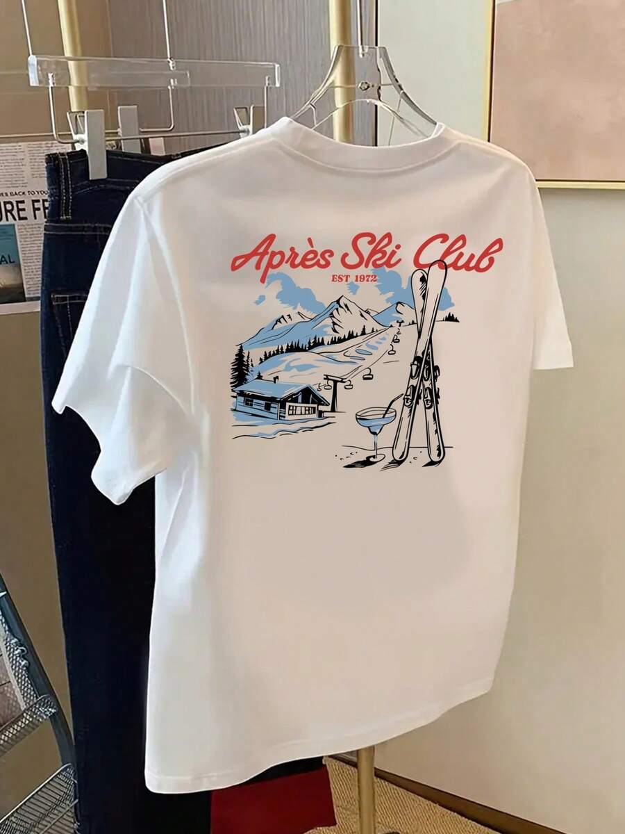 Camiseta de manga corta con estampado frontal y trasero - Estampado de moda de esquí - Camiseta de mujer con estampado de moda para primavera/verano, artículo de moda. - Blanco - Ver 1