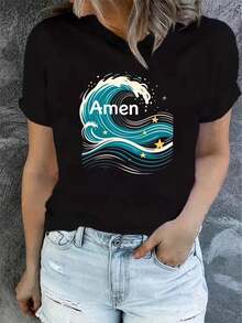 Camiseta de Verano de Manga Corta para Mujer, Estampada, Moderna y Casual, Lavable a Máquina, Ajuste Cómodo con Estampado Plano 2D. TKEQ - Negro_09 - Ver 6