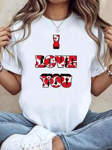 LooseCamiseta de mujer, camiseta para el Día de San Valentín, con estampado de corazón "TE AMO" (fondo rojo con relleno de corazón blanco + letras 3D). Estilo de declaración romántica, camiseta blanca de manga corta con cuello redondo y estampado - lavable a máquina, adecuada para fiestas navideñas, atuendos para citas, ropa casual de calle, compras informales, reuniones con amigos, atuendo festivo, regalo navideño. Camiseta Básica de Algodón con Cuello Redondo para Mujer - Blanco - Ver 7