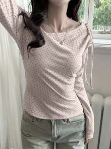 Blusa de manga larga de punto a lunares rosas, estilo coreano, con lazo en un hombro, adecuada para uso casual, en casa, calle y uso diario en primavera - Rosa - Ver 10