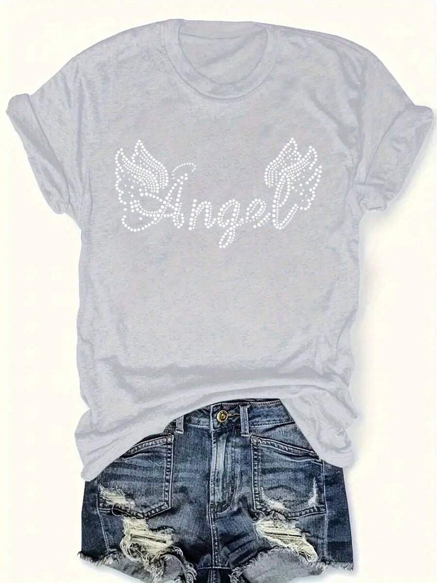 Talla Grande - Talla Grande - Camiseta Casual de Talla Grande con Mangas Cortas y Estampado de Letras, Adecuada para Verano y Primavera, Ropa de Talla Grande para Mujer - Gris Claro - Ver 1