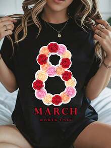 Elegant And Casual Women's Short Sleeve, Women's Day T-Shirt March 8 Roses Print White Casual Wear Spring Summer - 黑色 - 查看 8