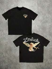 Cupid Angel Double Sided Digital Printed 220g T Shirt Stylish 1pcs Plus Size Men's Casual 100% Cotton   Vintage Retro Graphic short-sleeve T-shirt / short-sleeve tee - Negro - Ver 1