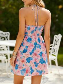 Women's Floral Halter Neck Mini Dress Ruched Backless A-Line Maternity Party Dress With Adjustable Self-Tie - Blue - View 5