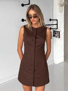 Vestido tipo tirante de algodón puro 2026, corte A ajustado, estilo elegante y sofisticado. - Café - Ver 2