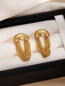 1 Pair Personalized Fashion Stainless Steel Gold U-Shaped Multi-Chain Tassel Stud Earrings, Exquisite Minimalist Vintage Style Women's Jewelry, Suitable For Daily, Office, Party And Birthday Wear - Gold - View 9