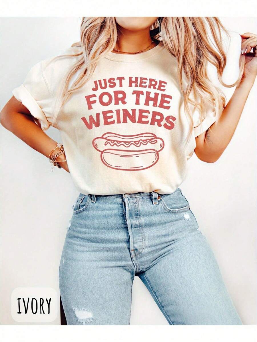 Camiseta unisex divertida con estampado "Vine sólo por los hot dogs" - Diseño informal para el 4 de julio, Día de la Independencia, manga corta, color beige claro con estampado rojo, cuello redondo estándar, lavable a máquina, ideal para primavera, verano y otoño, tela ligera y cómoda, diseño divertido, ropa festiva, imprescindible para los amantes del humor. - Blanco - Ver 1