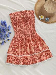 Vestido corto elegante bohemio de línea A con diseño de hombros abiertos, con volantes, cintura tableada elástica, corte hueco bordado y bajo con volantes - Naranja - Ver 1