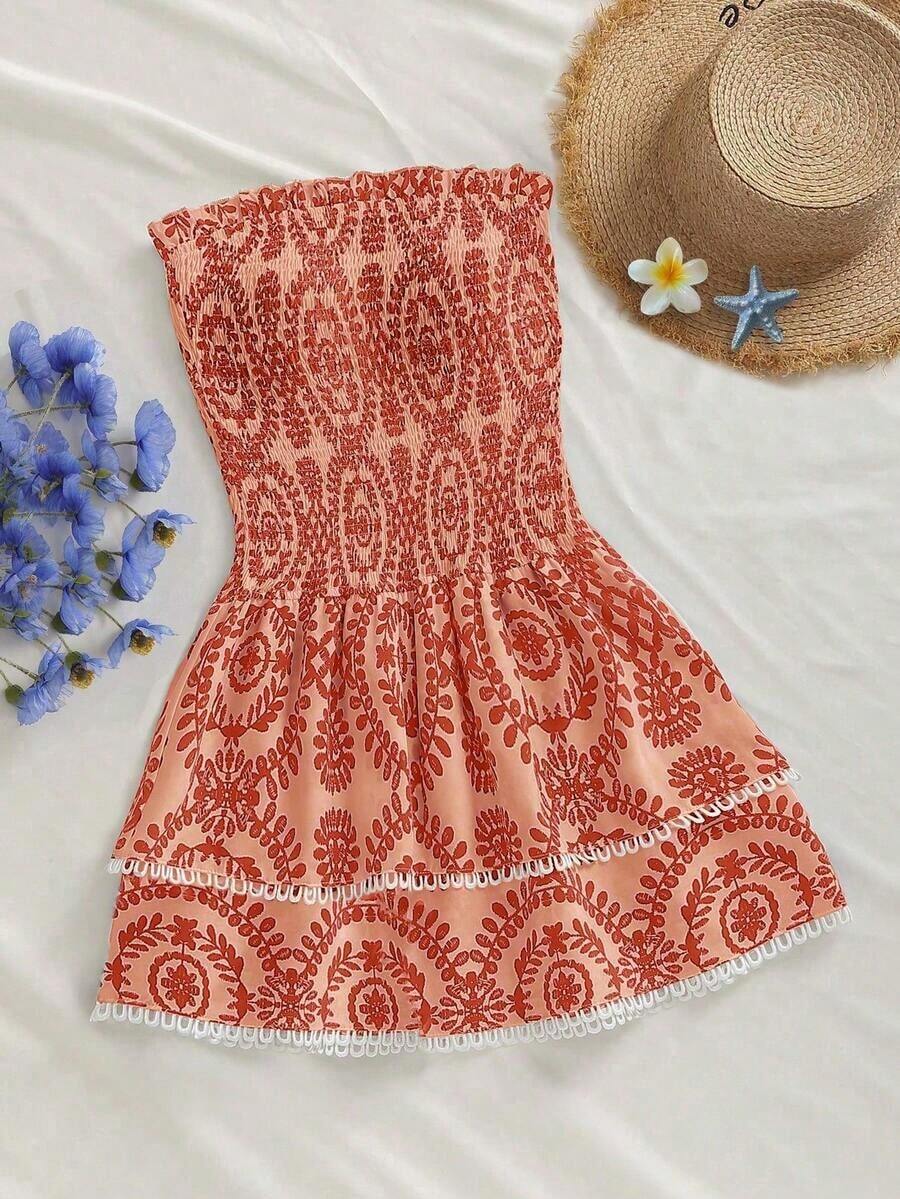 Vestido corto elegante bohemio de línea A con diseño de hombros abiertos, con volantes, cintura tableada elástica, corte hueco bordado y bajo con volantes - Naranja - Ver 1