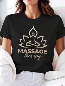 Camiseta con estampado gráfico profesional de terapia de masajes para mujer, de manga corta y cuello redondo, para primavera-verano, informal, para uso diario, regalo para vacaciones. - Negro - Ver 1