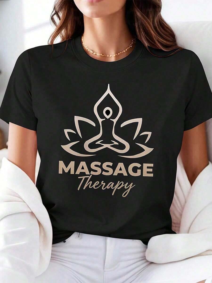 Camiseta con estampado gráfico profesional de terapia de masajes para mujer, de manga corta y cuello redondo, para primavera-verano, informal, para uso diario, regalo para vacaciones. - Negro - Ver 1