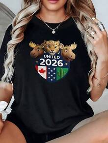 Símbolo que representa la unión de tres naciones con un jaguar y dos alces alrededor de un escudo con cactus y hoja de arce destacando espíritu deportivo camiseta de mujer casual moderna cómoda para uso diario - Negro - Ver 6