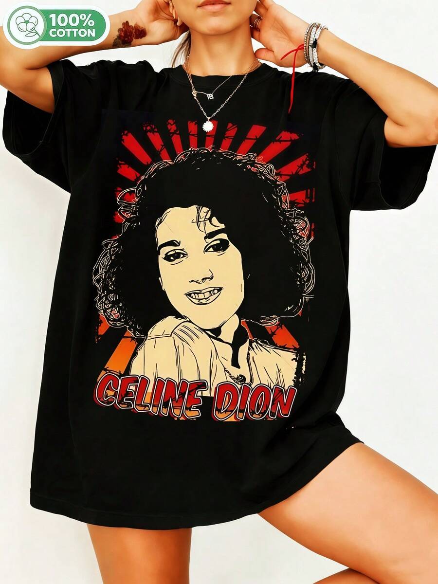 Dion Pop Music Legend Fan Art T-Shirt, Retro Sunburst Style Red-Orange Portrait Design, Vintage Pop Art Style, Unisex, Oversized, 100% Cotton, Crew Neck, Casual Streetwear, Celebrity Fan Merchandise. - Black - View 1