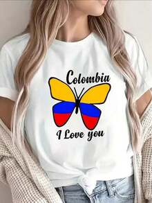 100% Cotton Lightweight T-Shirt With A Butterfly Design And The Colombian Flag, Printed With 'Colombia I Love You'. Ideal For Casual Outings, Outdoor Adventures, Or Lounging At Home, It Offers A Comfortable Fit For Everyday Wear. - 白色 - 查看 6