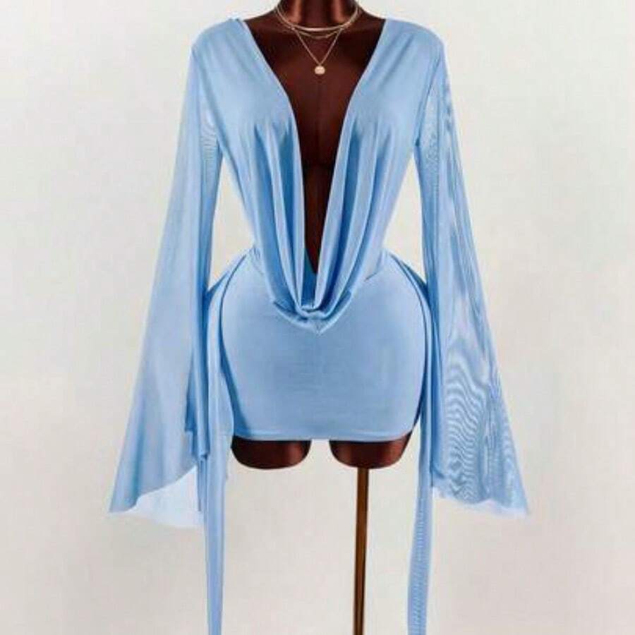 Romantic Vacation Earthy Tone Low-Cut Draped Collar, Flared Sleeves, Bodycon Mini Dress Bell Sleeves - Celeste - Ver 1