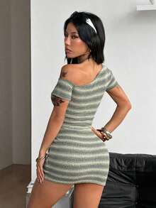 Vestido corto de manga corta asimétrico, de cuello básico, de uso diario, casual, elástico y minimalista estilo Y2K para mujer, apto para todas las estaciones - Multicolor 2 - Ver 2