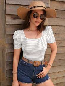 Camiseta casual de mujer con cuello cuadrado a rayas y mangas abullonadas cortas - Marrón - Ver 4