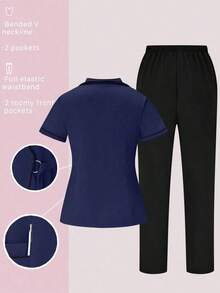 Conjunto de uniformes médicos: Parte superior de cuello en V de manga corta y pantalones para trabajadores de la salud - Azul marino 2 - Ver 2
