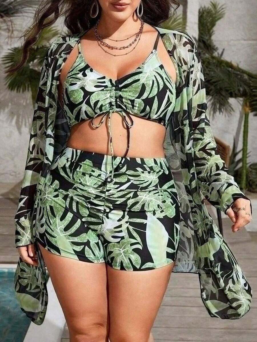 Conjunto de traje de baño estampado tropical de talla grande top de tirantes con cordón y kimono de verano para mujer moda 3 piezas - Verde Oscuro - Ver 1