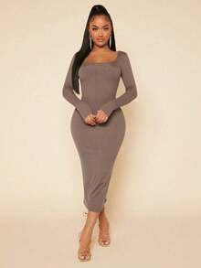Vestido ajustado unicolor de cuello scoop - Marrón Mocha - Ver 4