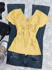 Blusa informal de mujer con nudo delantero de unicolor, para verano - Amarillo claro - Ver 1