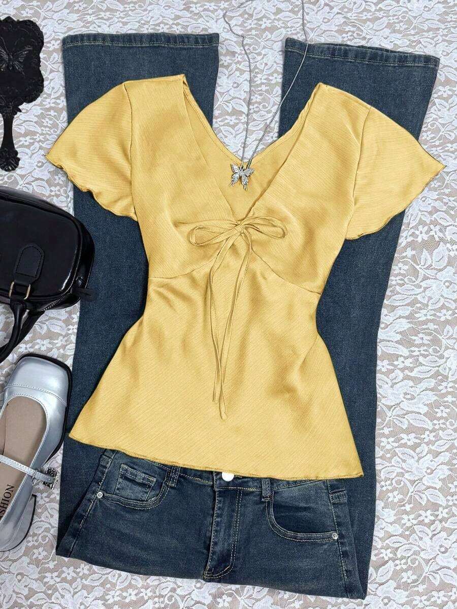 Blusa informal de mujer con nudo delantero de unicolor, para verano - Amarillo claro - Ver 1