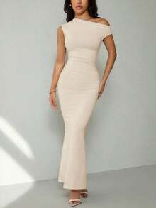 Ropa de verano, atuendos para citas diarias y viajes, atuendos de fiesta, atuendos interiores elegantes para mujeres, atuendos para salir, vestido asimétrico de sirena extra largo con hombros caídos, atuendos de club para mujeres, atuendos de - Albaricoque - Ver 4