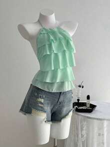 Blusa casual de mujer con cuello de volantes en capas de unicolor - verde menta - Ver 4