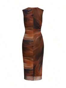 Vestido de verano para mujer sin mangas plisado con estampado floral de malla de punto - Cafetería - Ver 3