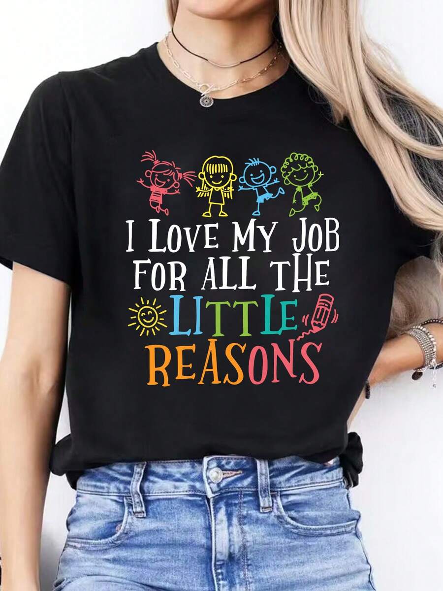 Camiseta casual de primavera y verano con estampado del alfabeto español, cuello redondo, manga corta, camiseta deportiva para mujer - Negro - Ver 1