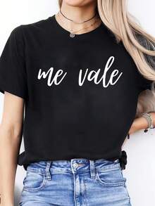 Camiseta deportiva de manga corta con cuello redondo para mujer con estampado de letra española para uso casual de primavera y verano. - Negro - Ver 1