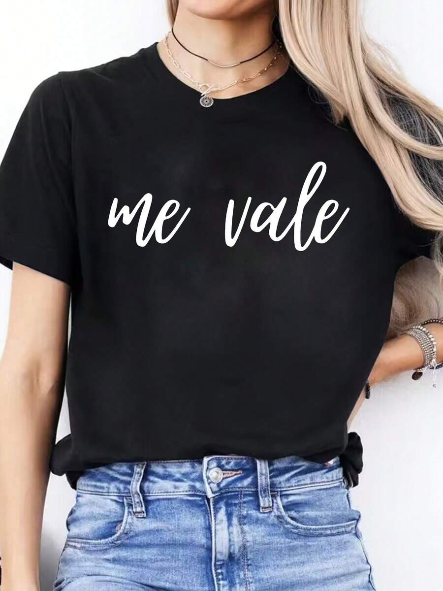 Camiseta deportiva de manga corta con cuello redondo para mujer con estampado de letra española para uso casual de primavera y verano. - Negro - Ver 1