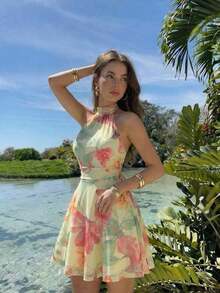 MOD Vestido mini con espalda descubierta, retorcido y fruncido en unicolor para mujer, vestidos de otoño para mujer, vestido, vestido, Acción de Gracias, vestidos elegantes para fiesta, vestido de invitada de boda, vestido de graduación, vestido de gala, vestido de noche elegante para boda - Multicolor 2 - Ver 3