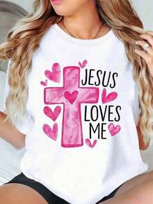 Camisetas Casuales para Mujer, Diseño de Corazón con Cruz "Jesus Loves Me", Camiseta Negra para Mujer, Top con Declaración de Fe Cristiana, Regalo de San Valentín para Ella, Camiseta para Mujer, Estilo Y2K, Camisetas de Moda de Verano, Conjuntos y Tops Casuales de Streetwear. - Blanco - Ver 1