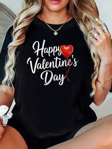 Camiseta de diseño simple y versátil, camiseta de mujer para el Día de San Valentín - Lindas letras escritas a mano combinadas con un patrón de flecha y corazón rojo, ropa cómoda e informal para fiestas de San Valentín, camiseta negra de manga corta con cuello redondo estampada - Lavable a máquina, diseño elegante, versátil para el uso diario, tela suave, estilo moderno, regalo navideño, camiseta de algodón. - Negro - Ver 6