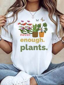 Floral And Butterfly Graphic Print T-Shirt For Plant Lovers, Women's Casual Short Sleeve Crew Neck T-Shirt, Spring-Summer, For Everyday Wear, Holiday Gift - 白色 - 查看 6